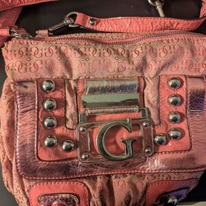GUESS Coral Pink Crossbody Bag with Metal Studs and Slouchy Style